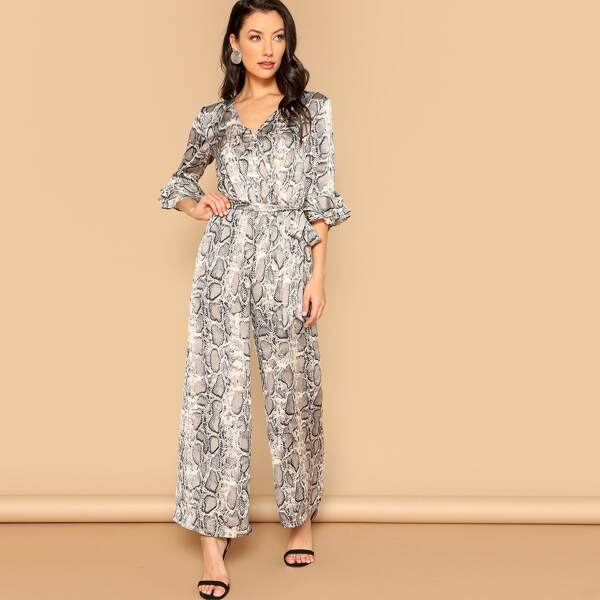 

Waist Belted Bell Sleeve Snake Skin Jumpsuit