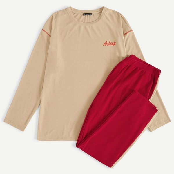 

Men Letter Print Pullover & Pants PJ Set, Multicolor