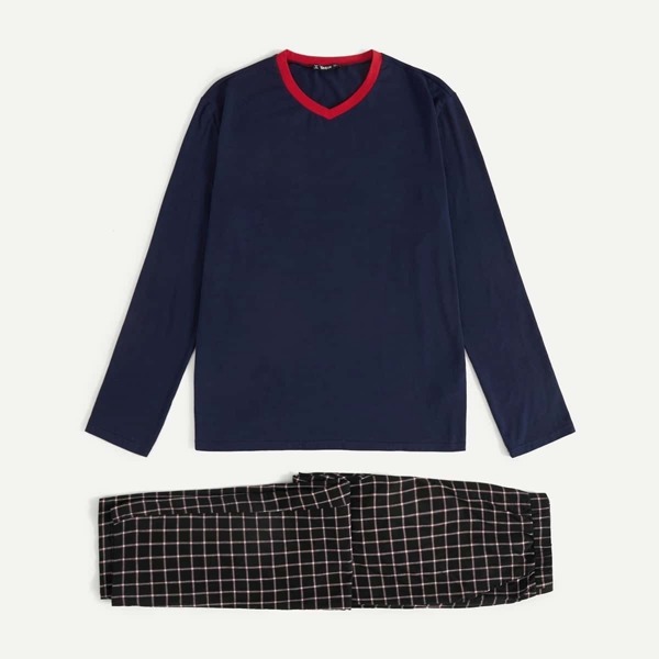 

Men Contrast Trim Top and Plaid Pants PJ Set