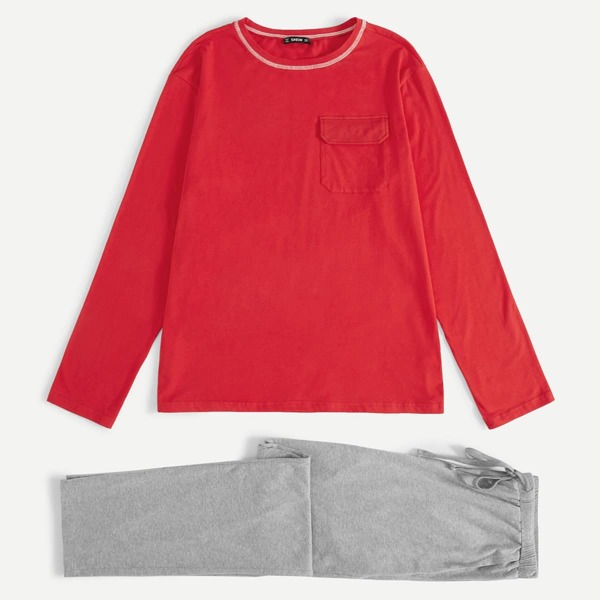 

Men Contrast Stitch Flap Pocket Top and Pants PJ Set, Multicolor