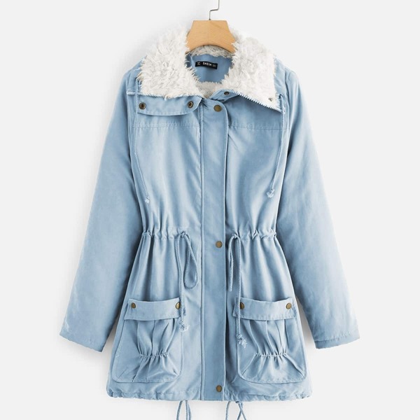 

Contrast Line Pocket Front Drawstring Detail Coat