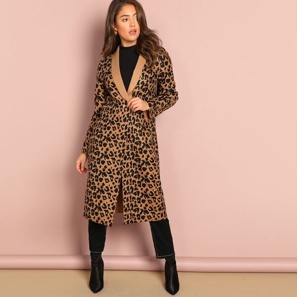 

Shawl Collar Leopard Longline Coat