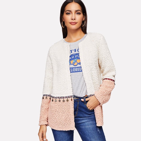 

Geo Embroidered Tape Coin Fringe Teddy Coat