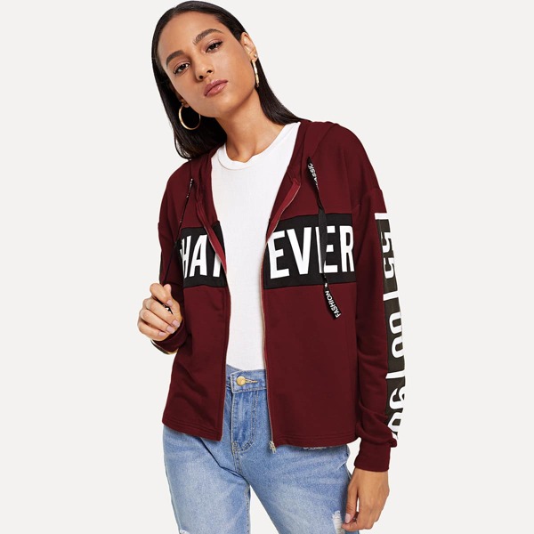

Lettering Zip Up Drawstring Hoodie Coat