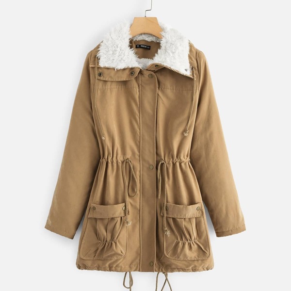 

Contrast Line Drawstring Waist Pocket Front Coat