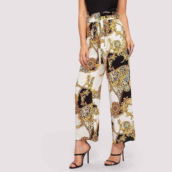 

Paperbag Waist Scarf Print Wide Leg Pants, Multicolor