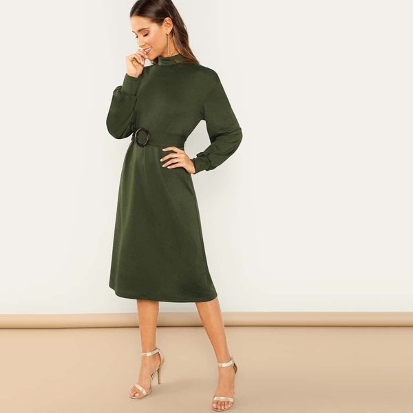 

Mock Neck Lantern Sleeve O-ring Belted Dress