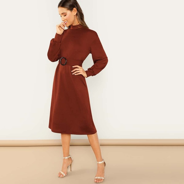 

Mock-neck Ring Buckle Belt Dress