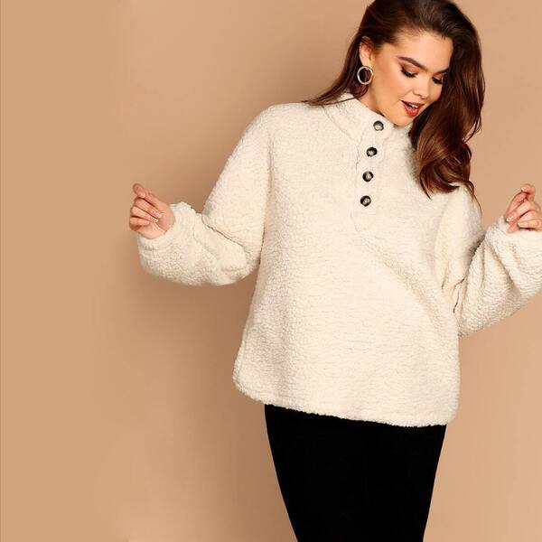 

Plus Button Front Mock-neck Teddy Pullover
