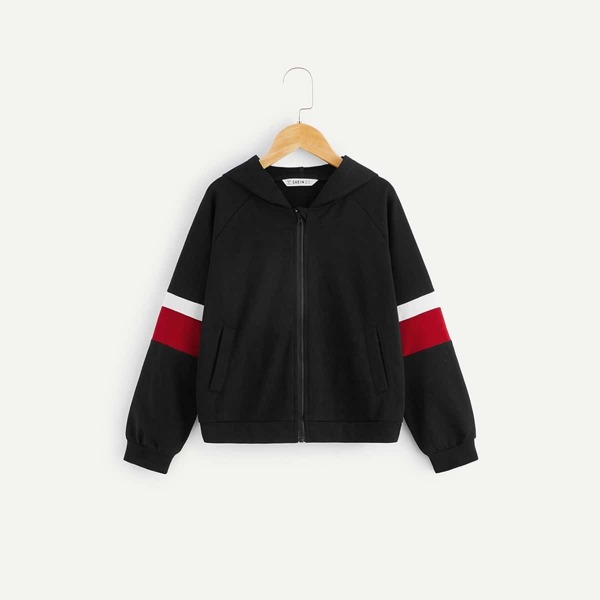 

Girls Zip Up Color Block Sleeve Hoodie, Black
