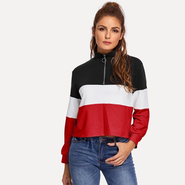 

Zip Half Placket Colorblock Pullover, Multicolor