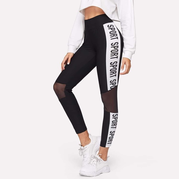 

Mesh Insert Letter Tape Side Leggings