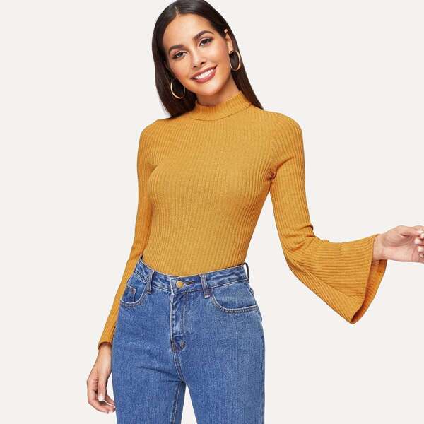 

Mock Neck Rib-knit Bell Sleeve Tee