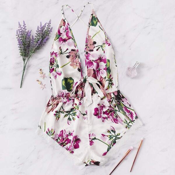 

Plus Lace Trim Criss Cross Backless Floral Romper Bodysuit