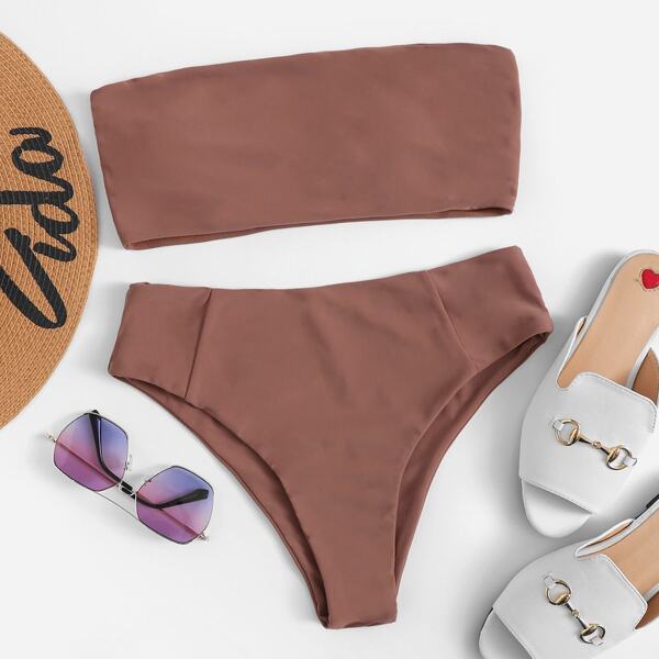 

Bandeau With High Cut Bikini Set, Brown