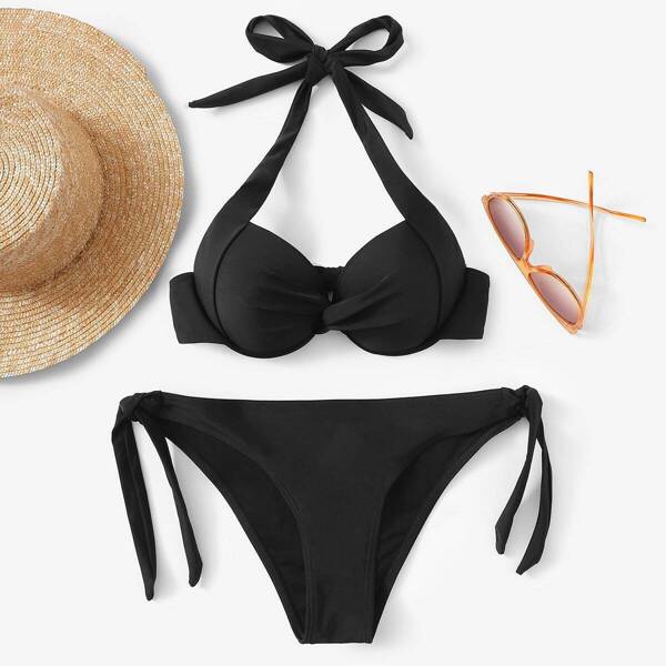 

Twist Front Halter Top With Tie Side Bikini Set, Black