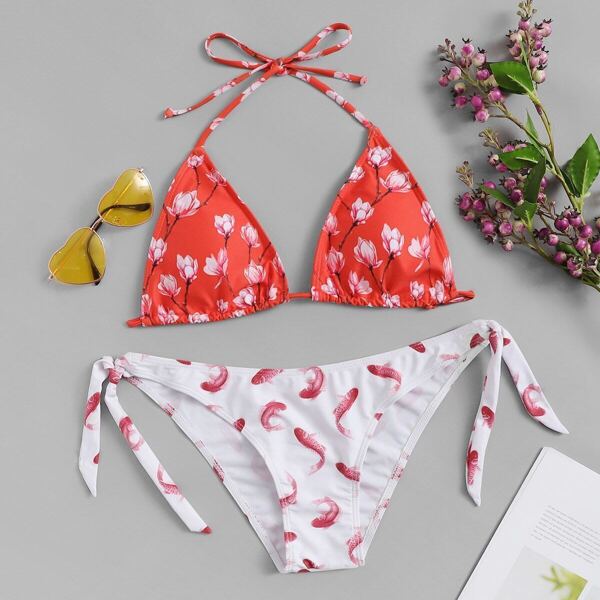 

Random Floral Top With Random Fish Print Bikini Set, Multicolor
