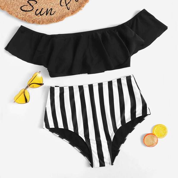 

Off Shoulder Flounce Top With Striped High Waist Bikini, Black and white