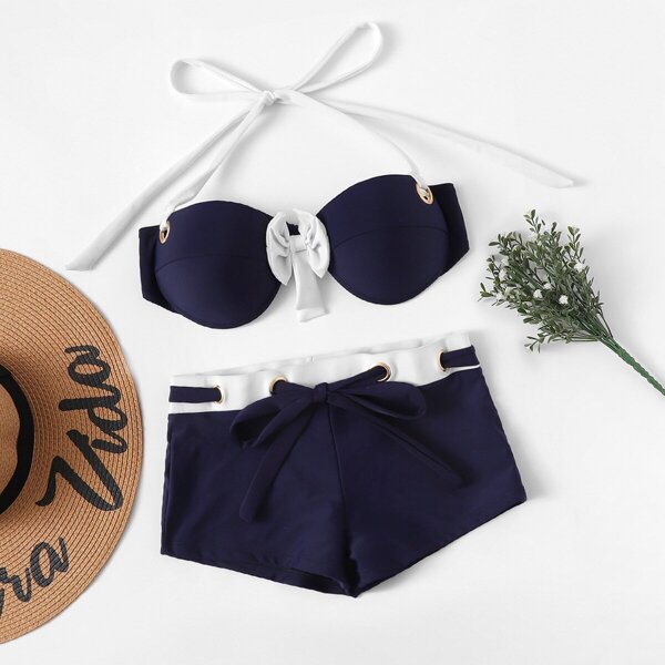 

Underwired Top With Eyelet Drawstring Shorts Bikini