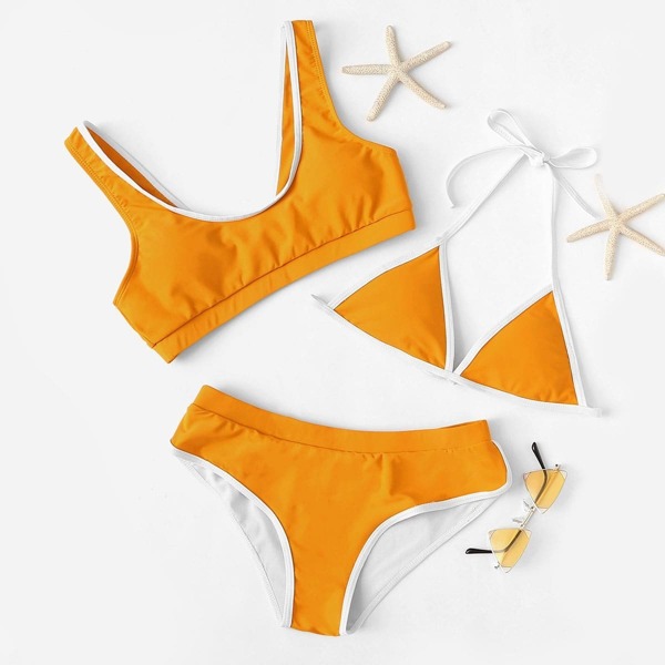 

Contrast Piping Sporty Bikini Set 3pcs