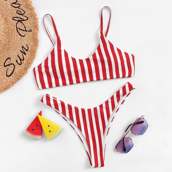 

Striped Print Top With High Cut Bikini Set
