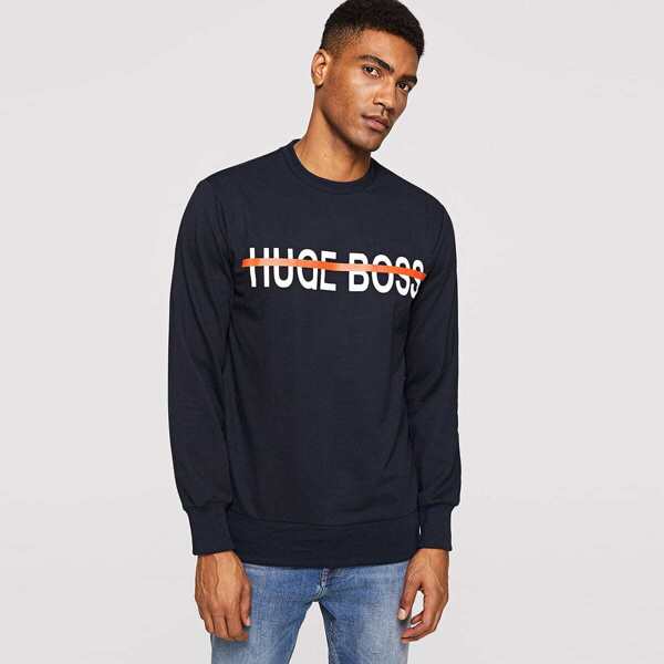 

Men Crew Neck Round Neck Letter Pullover, Navy