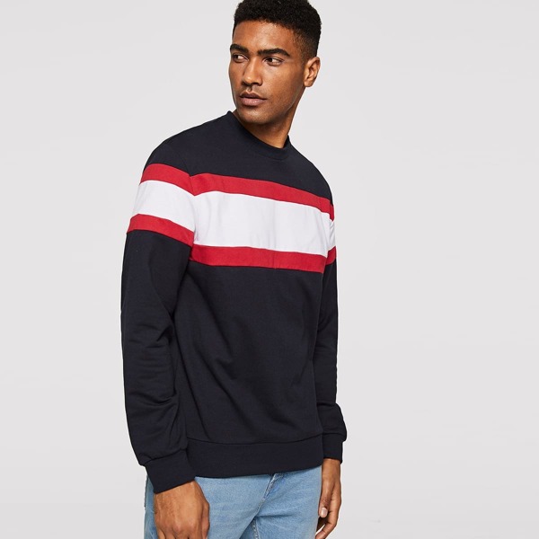 

Men Crew Neck Color-block Rib-knit Trim Pullover, Multicolor
