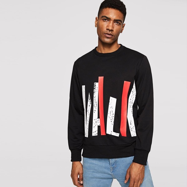 

Men Crew Neck Letter Print Pullover, Black