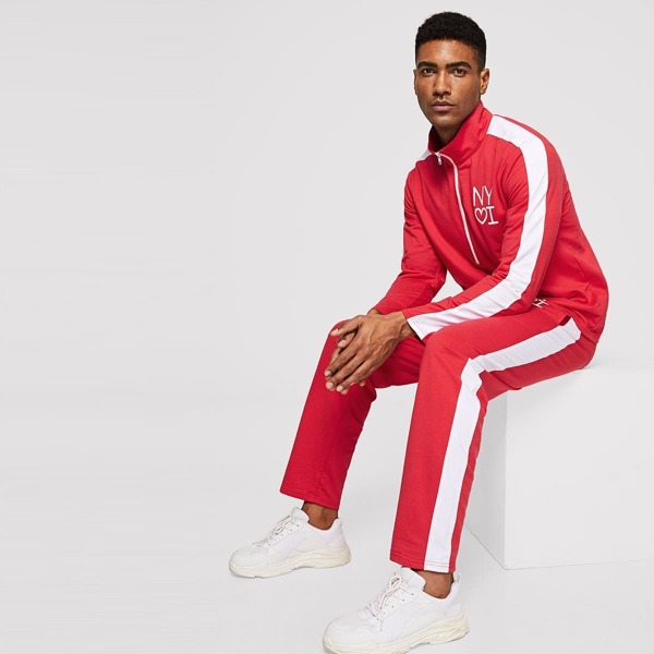 

Men Contrast Panel Letter Print Pullover & Pants Set