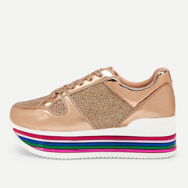 

Rainbow Striped Glitter Lace-up Chunky Sneakers