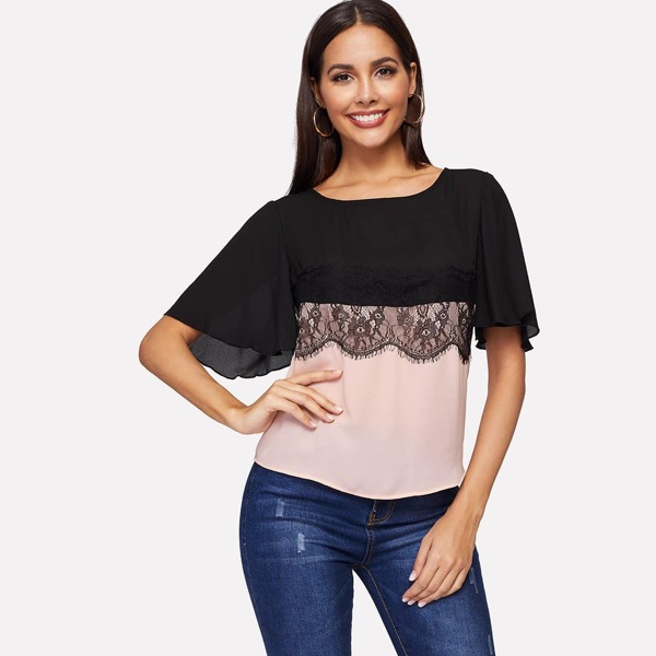 

Butterfly Sleeve Eyelash Lace Panel Top, Multicolor