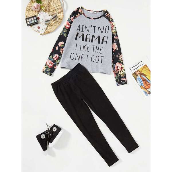 

Plus Floral Raglan Sleeve Letter Print Tee & Pants Set