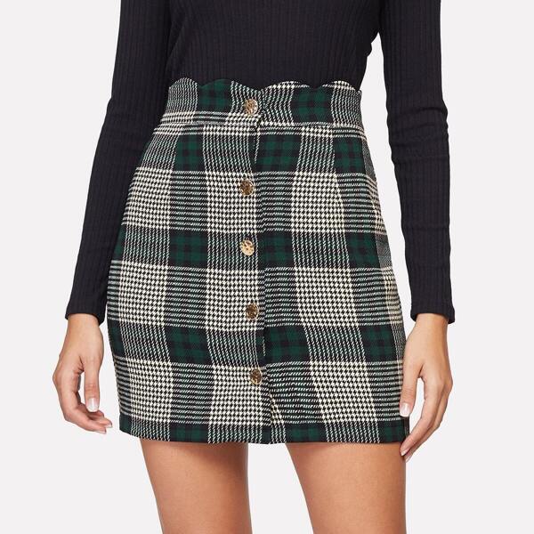 

Scallop Waist Button Up Plaid Skirt