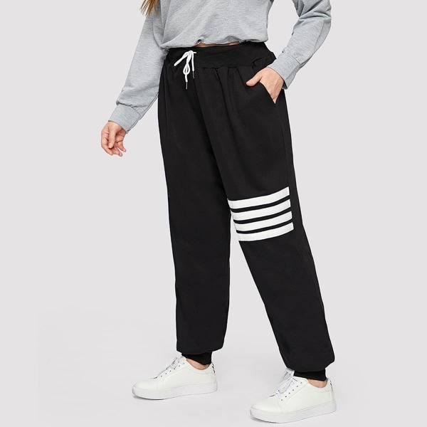 

Plus Striped Drawstring Waist Sweatpants, Black