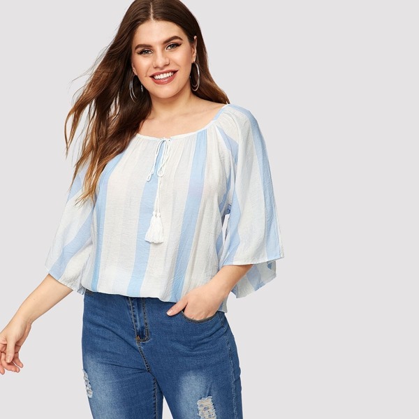 

Plus Vertical Striped High Low Tee, White