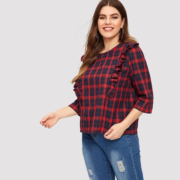 

Plus Ruffle Plaid Blouse