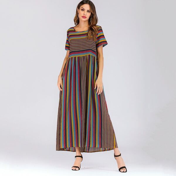 

Colorful Striped Hidden Pocket Longline Dress