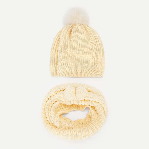 Girls Faux Pearl Detail Beanie & Infinity Scarf 2pack