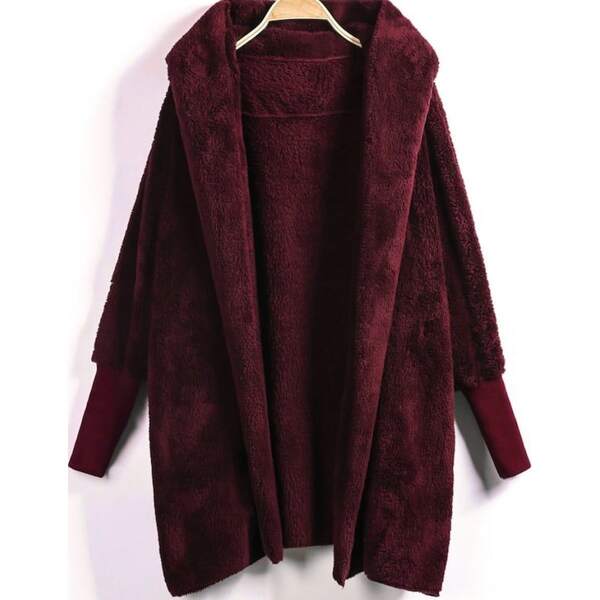 

Plus Open Front Hooded Teddy Coat, Burgundy