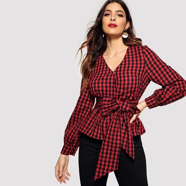 

Wrap Front Belted Gingham Blouse