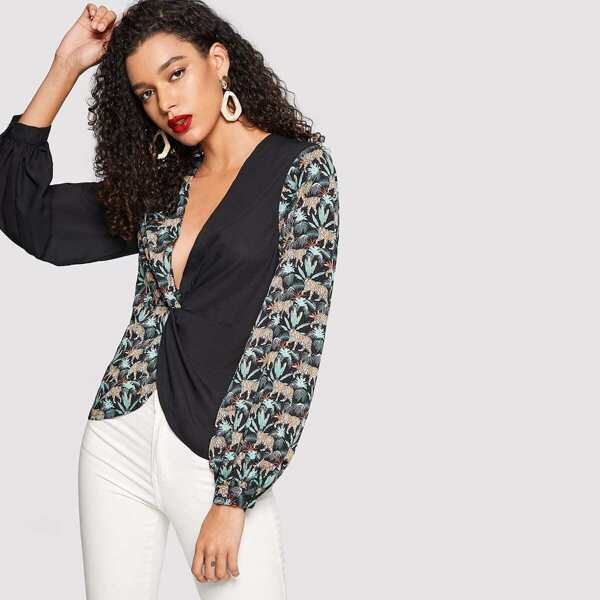 

Twist Front Mixed Print Shirt
