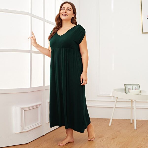 

Plus Solid High Waist Night Dress, Green