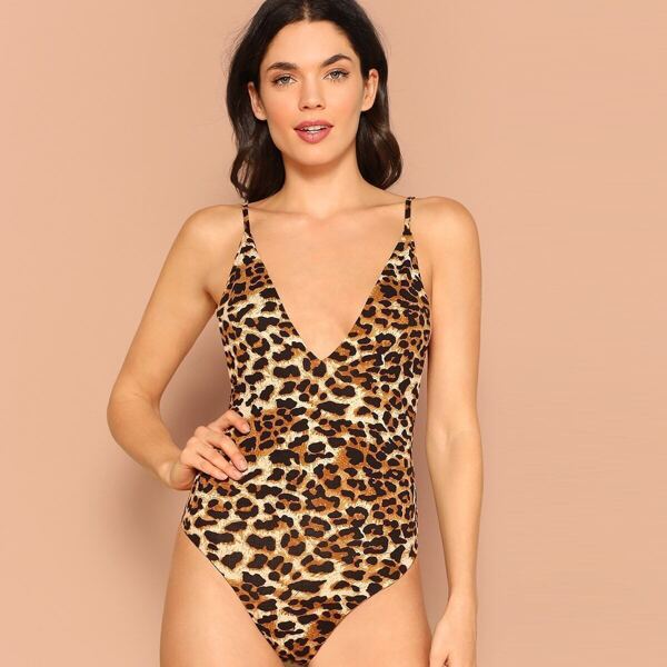 

Deep V Neck Leopard Print Bodysuit