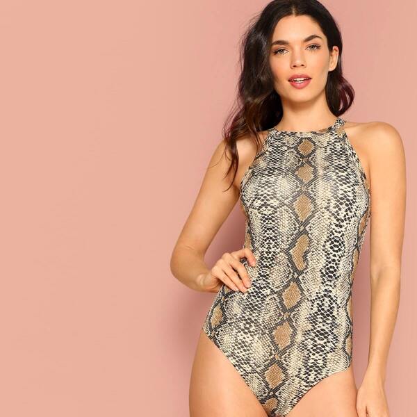 

Snakeskin Halterneck Bodysuit, Multicolor