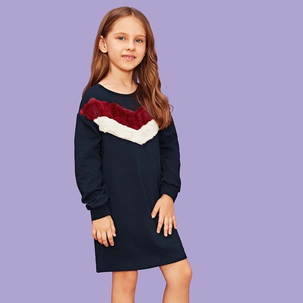 

Girls Chevron Faux Fur Panel Sweatshirt Dress