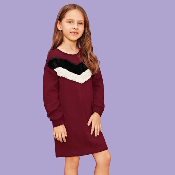 

Girls Chevron Faux Fur Panel Sweatshirt Dress