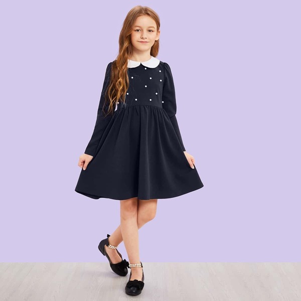 

Girls Contrast Peter Pan Collar Pearl Detail Dress