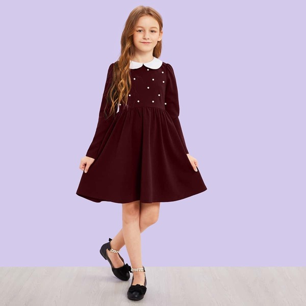 

Girls Contrast Peter Pan Collar Pearl Detail Dress