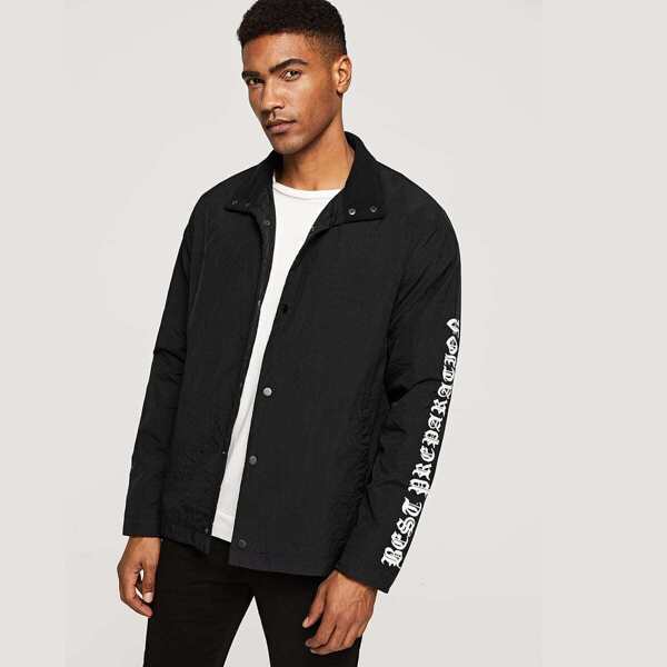 

Men Button Up Letter Print Jacket