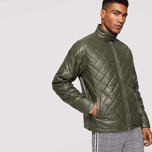 

Men Zip Cuff Quilted Faux Leather Jacket, Green